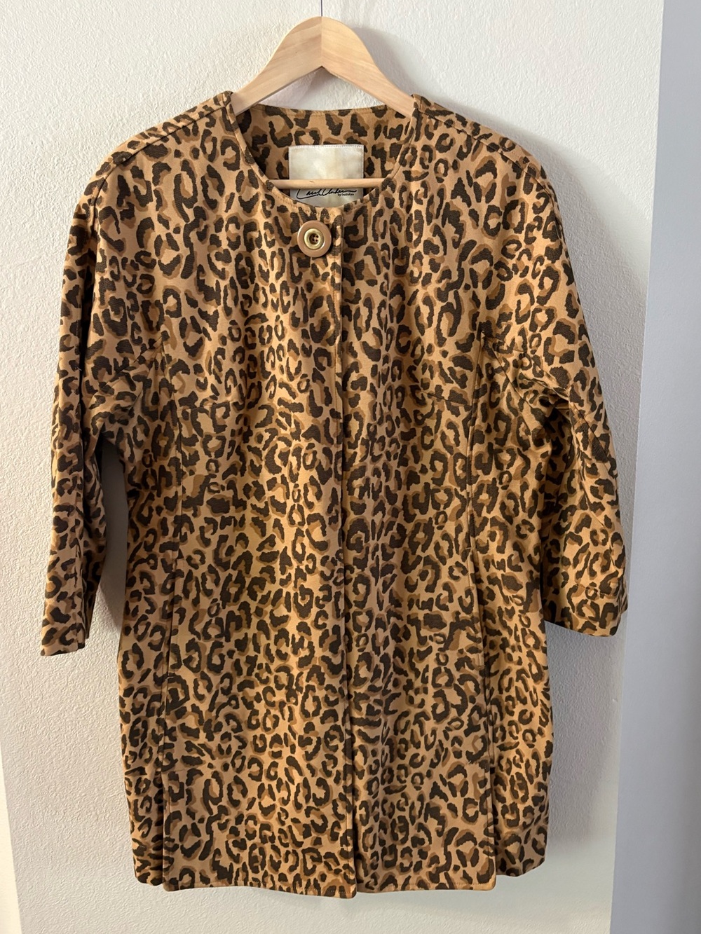 Retro 60s Mod Leopard Print Coat Pockets Tan and Black Vintage Carol Anderson M